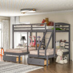 Full over Twin & Twin Bunk Bed,Triple Bunk Bed with Drawers, Gray - imagine 5