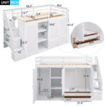 Functional Loft Bed with 3 Shelves, 2 Wardrobes and 2 Drawers, Ladder with Storage, No Box Spring Needed, White - imagine 12