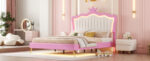Full Size Upholstered Bed Frame with LED Lights, Modern Upholstered Princess Bed with Crown Headboard, Pink+White - imagine 3