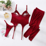 Dnika Lingrie Sexy Lingerie One-Piece Steel Ring Mesh Hollow Transparent Set with Stockings - imagine 7
