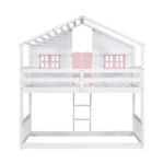 Twin over Twin House Bunk Bed with Roof , Window, Window Box, Door , with Safety Guardrails and Ladder, Pink/White - imagine 23