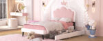 Twin cushion princess bed with crown headboard and 2 drawers with headboard and footrest, pink+white - imagine 4