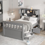 Twin Size Captain Platform Bed Frame with Storage Bookcases and Shelves,Four Drawers, Gray - imagine 2