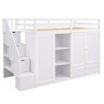 Functional Loft Bed with 3 Shelves, 2 Wardrobes and 2 Drawers, Ladder with Storage, No Box Spring Needed, White - imagine 11