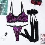 Skull Ghost Head Purple and Black Contrast Color Eyelash Elastic Lace European and American Style Sexy Lingerie Three-Piece Set - imagine 6