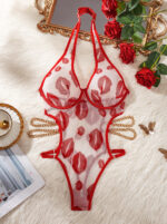 Red lip printed mesh hanging neck beautiful back chain fun jumpsuit with steel ring - imagine 6