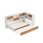 L-shaped bed frame with luggage and bookshelf, corner bed wooden captain's bed LED tube light and USB port walnut and white - imagine 8