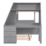 Twin over Full Bunk Bed with Trundle and Built-in Desk, Three Storage Drawers and Shelf,Gray - imagine 5