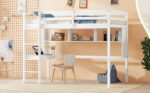 Twin Loft Bed with built-in desk and bookcase of three compartments, Guardrails and Ladder,White - imagine 27