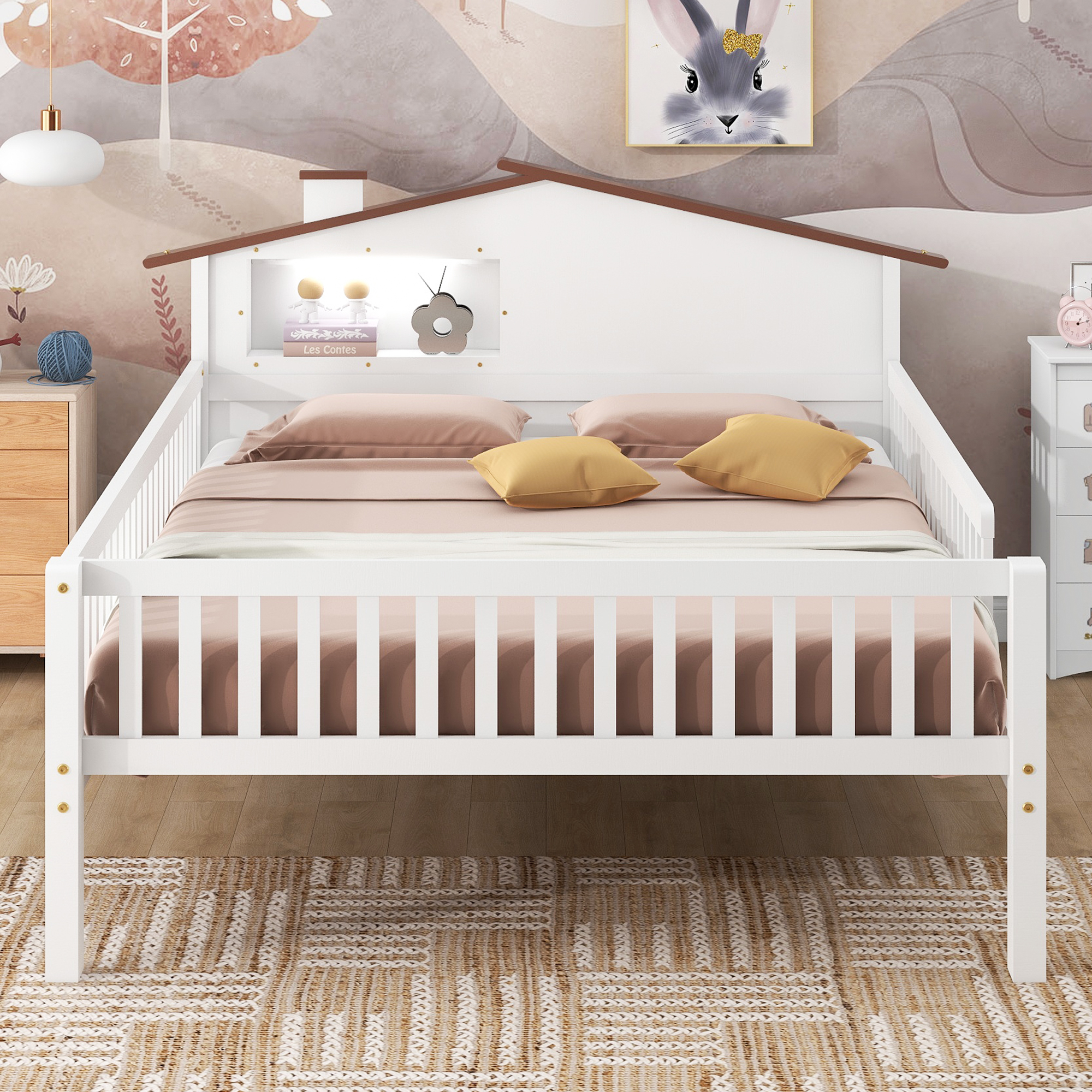 558114261 Full Size Wood Platform Bed with House-shaped Headboard, LED and Built-in Storage, White - imagine 1