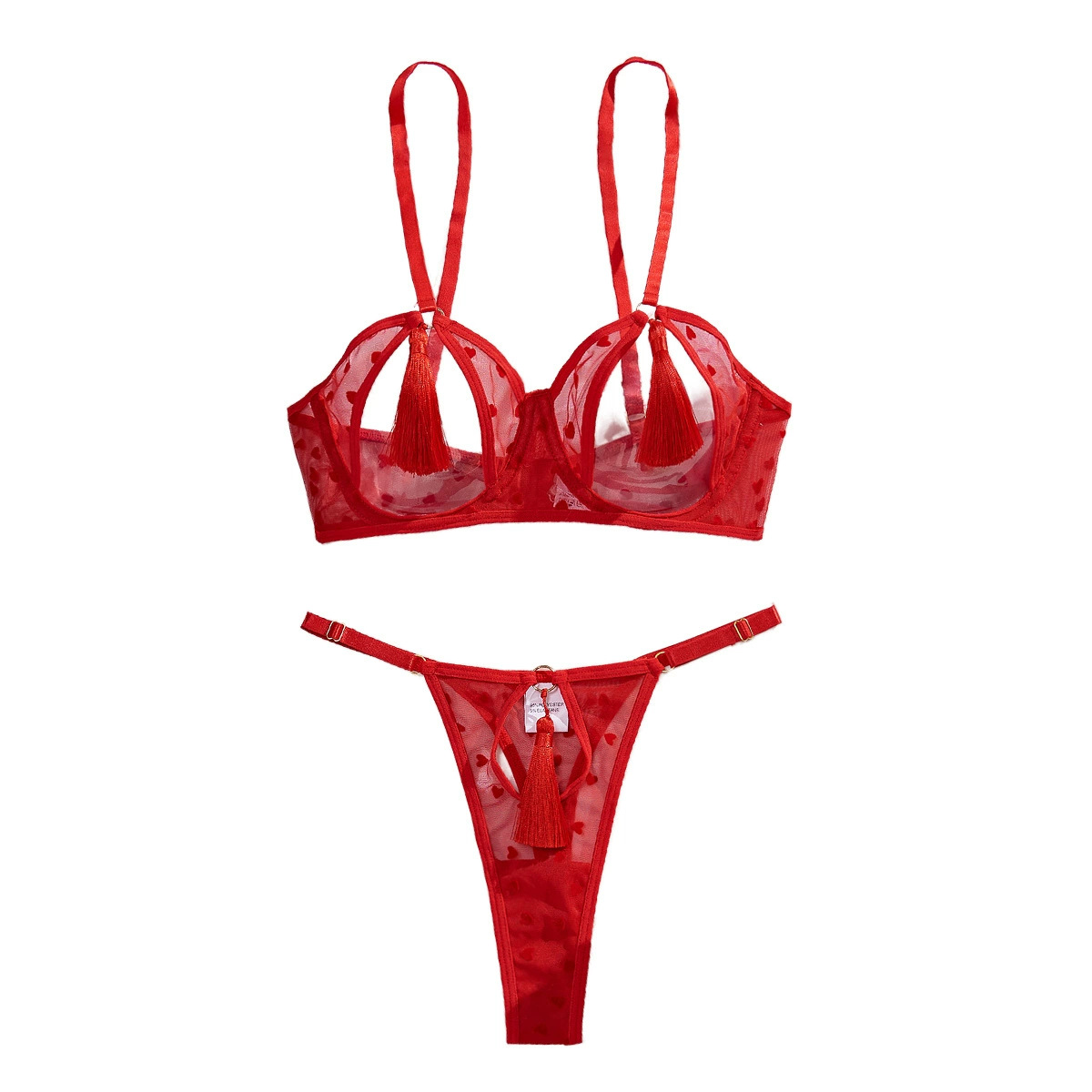 558095664 Three point sexy tassel style perforated lingerie two-piece set for women with steel rims - imagine 1