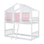 Twin over Twin House Bunk Bed with Roof , Window, Window Box, Door , with Safety Guardrails and Ladder, Pink/White - imagine 6