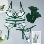 Sexy Cross-border Lingerie Set with Socks, Contrast Color Green Leaf Lace Retro High-end Underwear Four-piece Set for Women - imagine 6