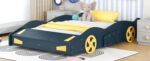 Full Size Race Car-Shaped Platform Bed with Wheels and Storage, Dark Blue+Yellow - imagine 5