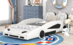Twin Size Race Car-Shaped Platform Bed with Wheels, White - imagine 7