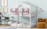 Twin over Twin House Bunk Bed with Roof , Window, Window Box, Door , with Safety Guardrails and Ladder, Pink/White - imagine 3