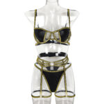 Lingerie Style Sexy Set with Gold and Silver Striped PU Leather Splicing for Women - imagine 6