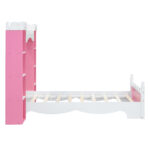 Castle-Shaped Wooden Bed with Storage Shelf, Dreamy Twin Size Platform Bed for Kids Bedroom, Pink+ White - imagine 14