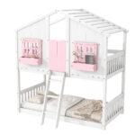 Twin over Twin House Bunk Bed with Roof , Window, Window Box, Door , with Safety Guardrails and Ladder, Pink/White - imagine 19