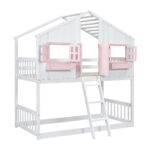 Twin over Twin House Bunk Bed with Roof , Window, Window Box, Door , with Safety Guardrails and Ladder, Pink/White - imagine 11