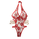 Red lip printed mesh hanging neck beautiful back chain fun jumpsuit with steel ring