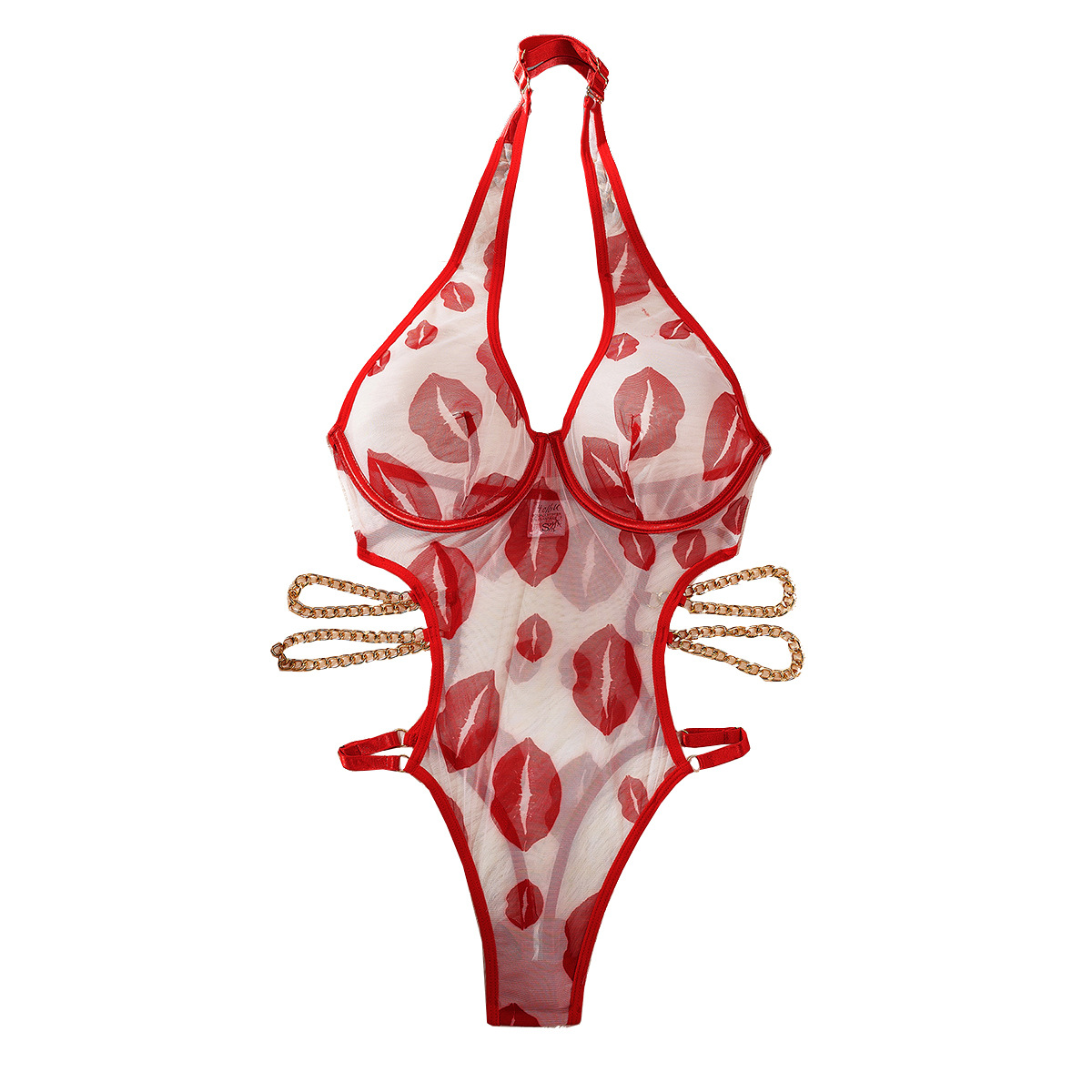 558095676 Red lip printed mesh hanging neck beautiful back chain fun jumpsuit with steel ring - imagine 1
