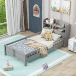 Wood Twin Size Platform Bed with Built-in LED Light Storage Headboard and Guardrail Antique Grey - imagine 5