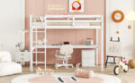 Twin Loft Wood Bed with Under-bed, Built-in Desk, a Storage Cabinet of 2 Drawers, Guardrails, Ladder,White - imagine 31