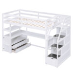 Twin Size Loft Bed with Desk and Shelves Two Built-in Drawers Storage Staircase White - imagine 15