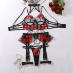 Sexy lingerie embroidery flower tie cross hollow perspective five piece set - imagine 6