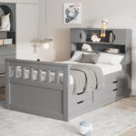 Twin Size Captain Platform Bed Frame with Storage Bookcases and Shelves,Four Drawers, Gray - imagine 8