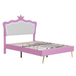 Full Size Upholstered Bed Frame with LED Lights, Modern Upholstered Princess Bed with Crown Headboard, Pink+White - imagine 16