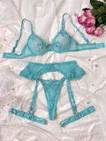 Blue Embroidered Sexy Underwear Set with Perspective Mesh Four Piece Set for Women - imagine 5