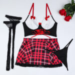 European and American Style Sexy Underwear Set with Color Block, Lingerie Uniform Bow Red Plaid Ribbon Cross Design - imagine 6