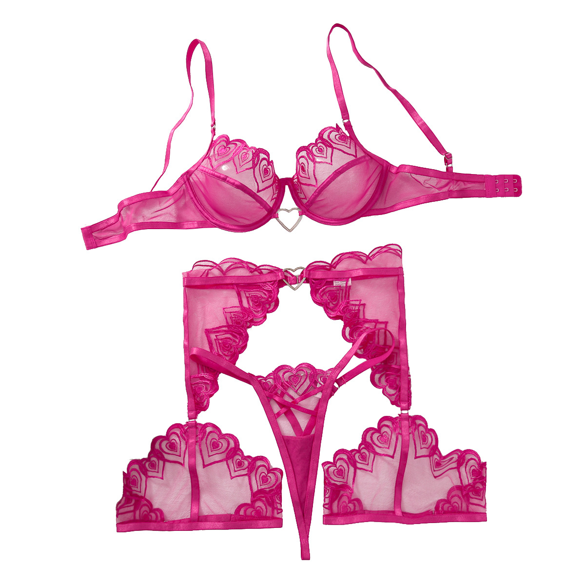 558092541 Love embroidery perspective mesh fun lingerie thong three piece set with steel ring - imagine 1