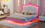 Full Size Upholstered Bed Frame with LED Lights, Modern Upholstered Princess Bed with Crown Headboard, Pink+White - imagine 10