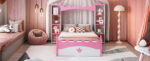 Castle-Shaped Wooden Bed with Storage Shelf, Dreamy Twin Size Platform Bed for Kids Bedroom, White + Pink - imagine 11
