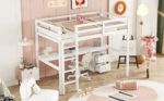 Twin Loft Wood Bed with Under-bed, Built-in Desk, a Storage Cabinet of 2 Drawers, Guardrails, Ladder,White - imagine 4