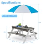 3-in-1 Kids Outdoor Wooden Picnic Table With Umbrella, Sand & Water, Gray ASTM - imagine 5