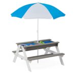 3-in-1 Kids Outdoor Wooden Picnic Table With Umbrella, Sand & Water, Gray ASTM - imagine 3