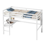 Twin Loft Bed with built-in desk and bookcase of three compartments, Guardrails and Ladder,White - imagine 22