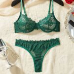 Green Women's Underwear Ultra-thin Transparent Lace Bra Sexy Steel Ring Gathered Thin Bra Set
