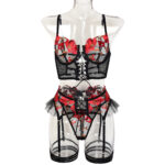 Women's Sexy Lingerie Embroidered Flower Strappy Cross Hollow Mesh Four-Piece Set - imagine 6