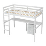 Twin Loft Wood Bed with Under-bed, Built-in Desk, a Storage Cabinet of 2 Drawers, Guardrails, Ladder,White - imagine 6