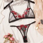 Embroidered sexy floral lingerie uniform perspective three-point erotic suit for women - imagine 5