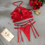 Sexy Underwear Steel Ring Ribbon Splicing Cross Temptation Gathering Thong Lingerie Set - imagine 7