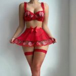 Red Embroidered Perspective Temptation Underwear Set Three Piece Set - imagine 2