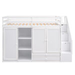 Functional Loft Bed with 3 Shelves, 2 Wardrobes and 2 Drawers, Ladder with Storage, No Box Spring Needed, White - imagine 13
