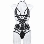 Black Bandage Halter Cross-Fit Underwear  Back Chain Hollow Sexy Bodysuit Women - imagine 6