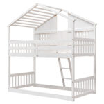 Twin over Twin House Bunk Bed with Roof , Window, Window Box, Door , with Safety Guardrails and Ladder,White - imagine 9